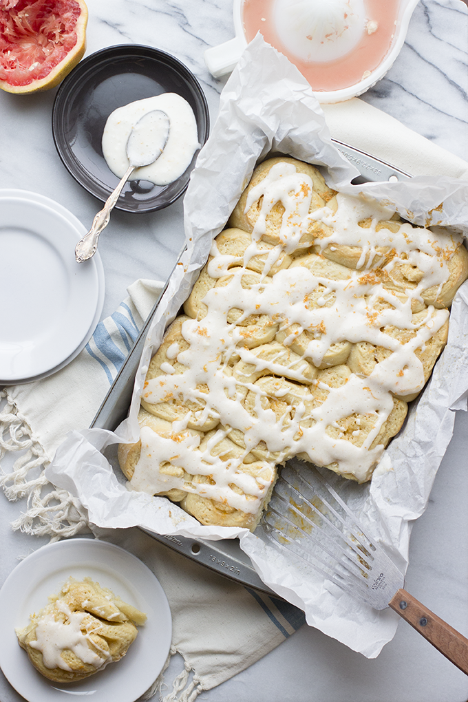 Sticky Grapefruit Rolls with Grapefruit Cream Cheese Glaze. Pillowy soft like a cinnamon roll, but fruitier!